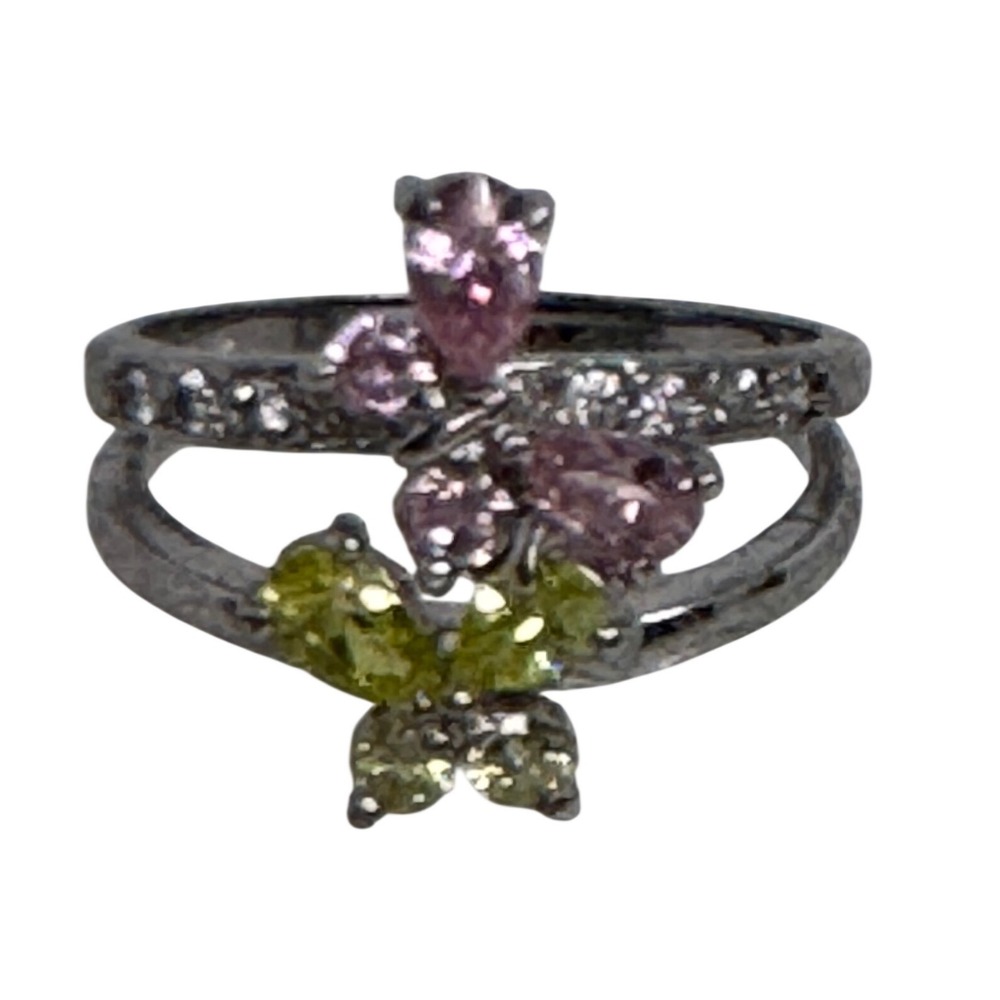 Sterling Silver Pink Green Crystal Butterfly Double Band Ring Size‎ 6.5 Coquette
